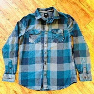 Vans Mens Flannel Plaid Green Gray Button Up SMALL Long Sleeve Skateboard Grunge